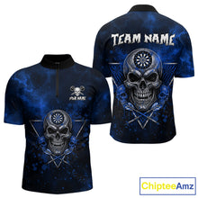 Load image into Gallery viewer, Custom Blue Splatter Multi-Skull Men Darts Arrow Quarter-Zip League Shirts Dart Team Jerseys NYN2201