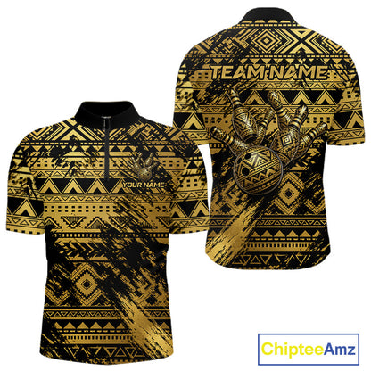 Custom Grunge Gold Tribal Quarter-Zip Bowling Jersey with personalized bowling team name, tribal warrior artwork, moisture-wicking fabric, custom tournament apparel, premium athletic bowling clothing.