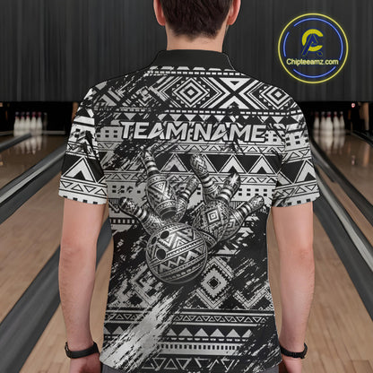 Male bowler wearing Silver Tribal bowling shirt featuring warrior-inspired graphics, custom league apparel, competitive sportswear, Polynesian symbolism.
