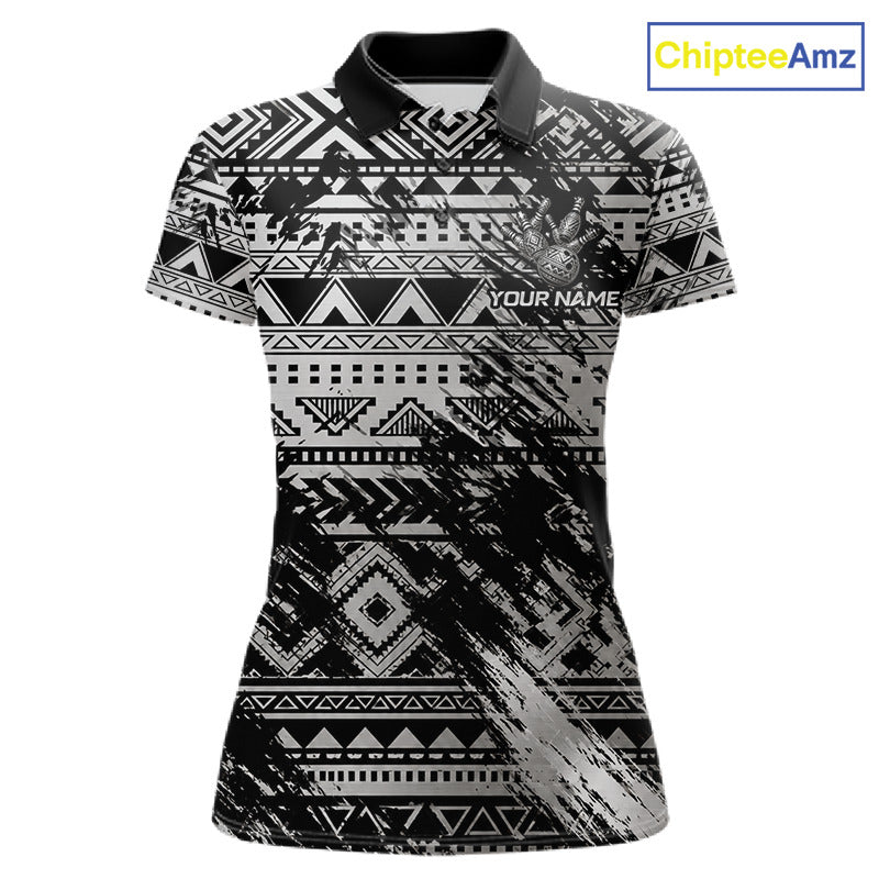 Custom Grunge Silver Tribal Bowling Polo featuring intricate Polynesian tribal graphics, personalized bowling team name, breathable quick-dry fabric, custom bowling league polo, tournament sportswear, tribal culture symbolism, athletic performance apparel.