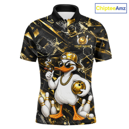 Funny Duck Bowling Polo with custom player name, duck mascot graphics, moisture-wicking performance fabric, personalized bowling tournament jersey, mascot-inspired athletic apparel.