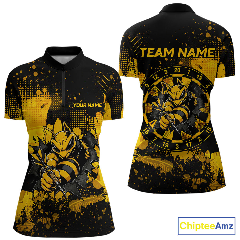 Black And Yellow Grunge Funny Bee Darts Polo & 1/4 Zip For Women Personalized Dart Team Shirts NYN3237