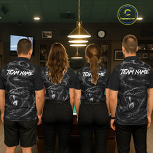 Load image into Gallery viewer, Men women billiard team wearing Grey Smokes Cobra custom 8 ball pool uniforms, professional pool league jerseys for tournament play