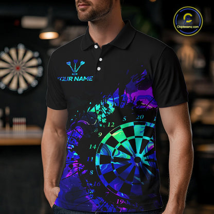 Blue Holographic Dartboard Grunge Darts Polo Shirts For Men Custom Name For Darters NYN2706