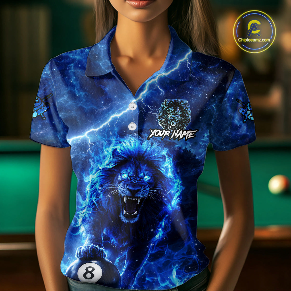 Personalized Billiards Shirt Blue Flames Lion 8 Ball Pool For Women Billiard Jersey Customized Name NYN2860