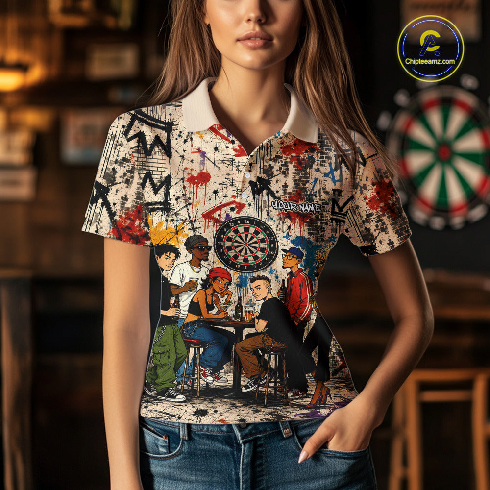 Grunge Graffiti Funny Friends And Beer Women Darts Shirt Custom Polo 1/4 Zip Team Darts Jersey NYN3243