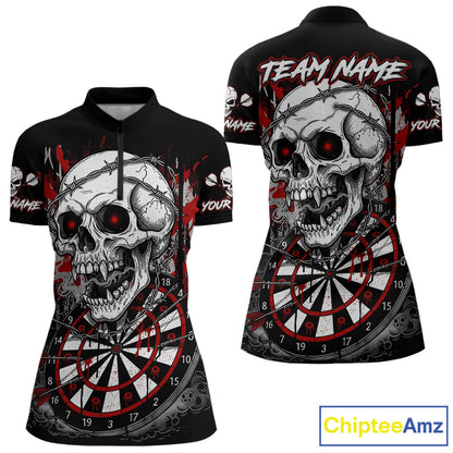 Custom Red Grey Skull Barbed Wire Dartboard Grunge Darts Quarter-Zip Shirt For Women Dart Gifts NYN1968