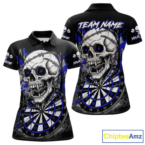 Custom Blue Grey Skull Barbed Wire Dartboard Grunge Darts Polo Shirt For Women Dart Gifts NYN1970