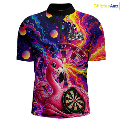 Personalized Cute Flamingo Dart Polo & Quarter Zip Shirt For Men Colorful Rainbow Paint Darts Jersey NYN2869