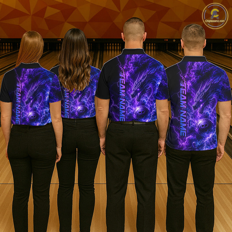 Bowling team wearing matching Dragon Thunder Purple jerseys with personalized names, fantasy-inspired uniforms, USBC league apparel, esports aesthetic, teamwork, power, unity, championship spirit, mythical symbolism.