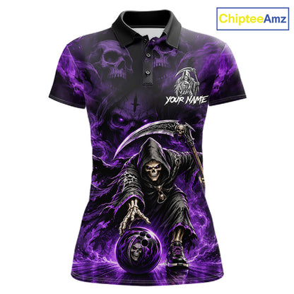 Black & Purple Flame Grim Reaper Bowling Polo featuring grim reaper skull artwork, purple flames, personalized bowling team name, gothic performance apparel, moisture-wicking bowling jersey, Halloween sportswear, tattoo-inspired design, biker aesthetic.
