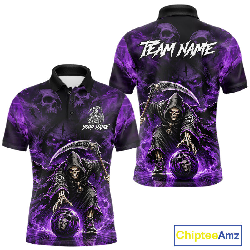 Black & Purple Flame Grim Reaper Bowling Polo featuring custom player name, skull artwork, gothic bowling apparel, custom tournament jersey, heavy metal style sportswear, fearless competition theme.