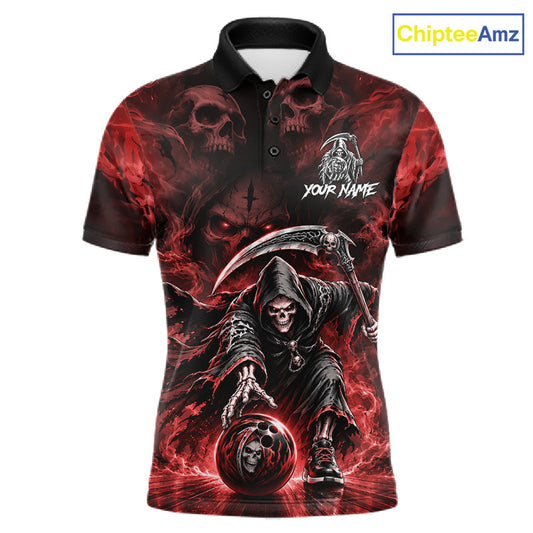Black & Red Flame Grim Reaper Bowling Polo featuring personalized player name, custom skull graphics, moisture-wicking athletic bowling apparel, heavy metal inspired sportswear.