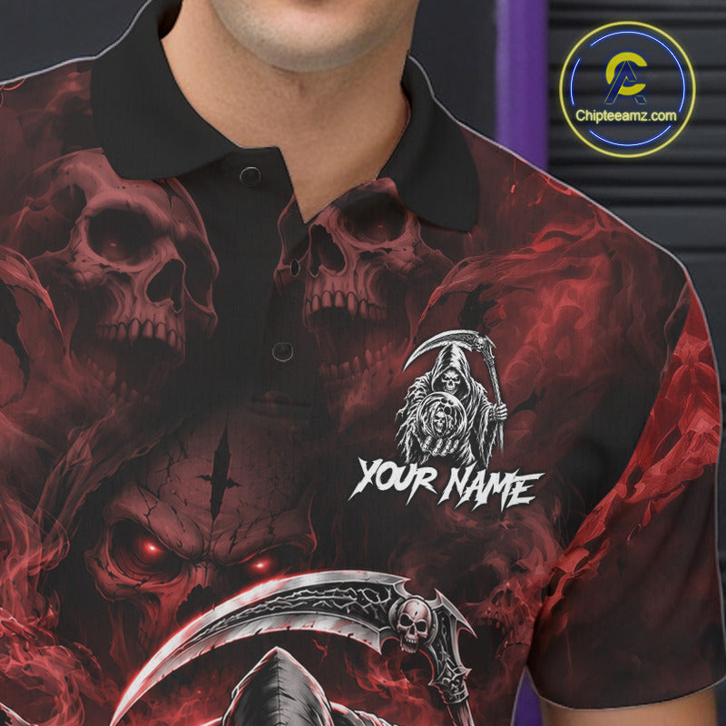 Female athlete modeling Red Flame Grim Reaper bowling jersey representing courage, fearless attitude, passion, strength, Halloween-inspired sports fashion.