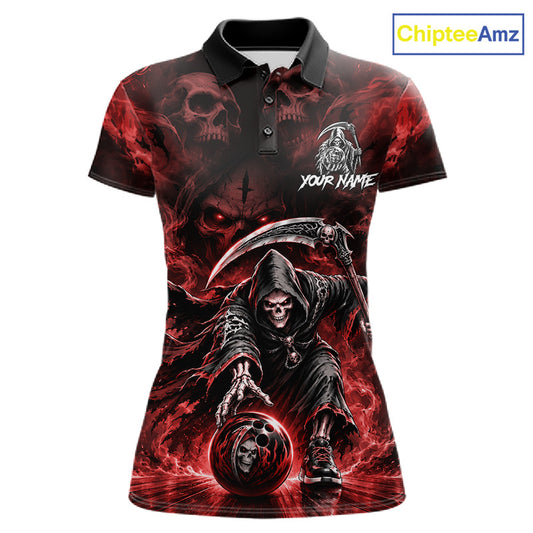 Black & Red Flame Grim Reaper Bowling Polo featuring fiery skull artwork, personalized bowling team jersey, breathable performance polo, gothic sportswear, biker style, custom tournament apparel, flame graphics.