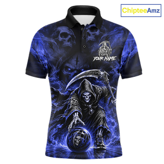 Black & Blue Flame Grim Reaper Bowling Polo featuring custom player name, blue flame graphics, moisture-wicking bowling jersey, custom tournament apparel, biker-inspired fashion.