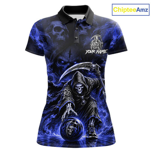 Black & Blue Flame Grim Reaper Bowling Polo featuring blue flame skull graphics, personalized bowling team name, breathable athletic polo, custom league apparel, gothic artwork, performance sportswear.