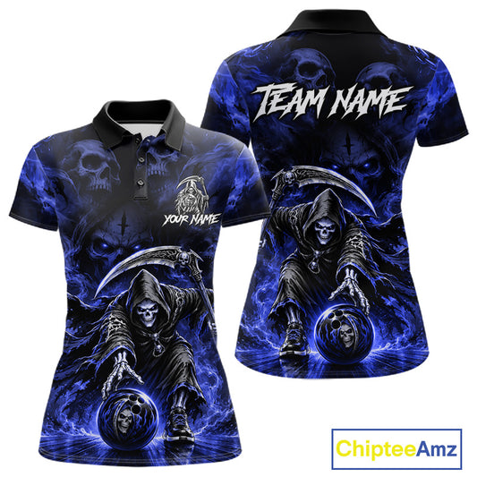 Black & Blue Flame Grim Reaper Bowling Polo featuring blue flame skull graphics, personalized bowling team name, breathable athletic polo, custom league apparel, gothic artwork, performance sportswear.