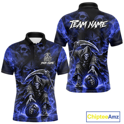 Black & Blue Flame Grim Reaper Bowling Polo featuring custom player name, blue flame graphics, moisture-wicking bowling jersey, custom tournament apparel, biker-inspired fashion.