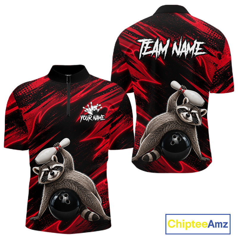 Neon Red Funny Raccoon Quarter-Zip Bowling Jersey featuring personalized team graphics, breathable sportswear, gaming-inspired mascot apparel, performance tournament clothing