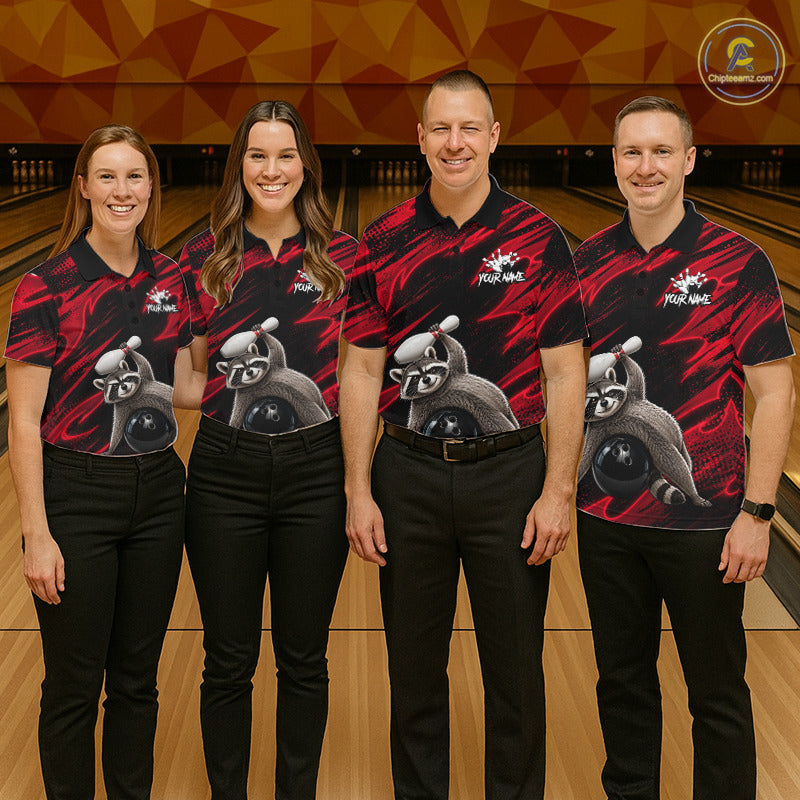 Bowling team wearing matching Neon Red Funny Raccoon jerseys with personalized names, esports-inspired mascot uniforms, corporate bowling events, friendship, teamwork, championship spirit, modern sportswear.