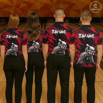 Bowling team wearing matching Neon Red Funny Raccoon jerseys with personalized names, esports-inspired mascot uniforms, corporate bowling events, friendship, teamwork, championship spirit, modern sportswear.