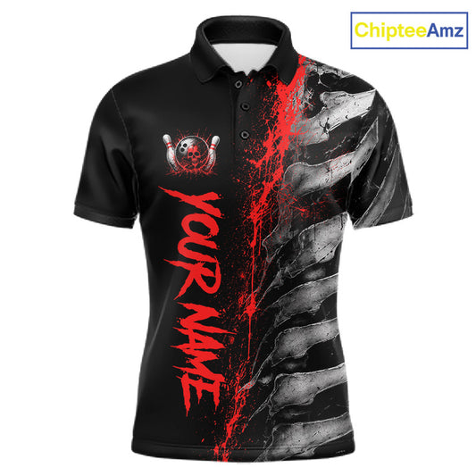 Red Splatter Grey Bone Men's Bowling Polo Shirt, Personalized Skeleton Bowling Jersey, Tournament Team Apparel, Red Athletic Performance Shirt, Competitive Spirit