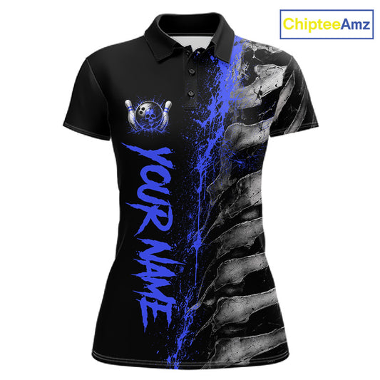 Blue Splatter Grey Bone Women's Bowling Polo Shirt, Personalized Bowling Team Jersey, Skeleton Tournament Apparel, Blue Paint Performance Uniform, Bowling League Outfit, Precision & Focus