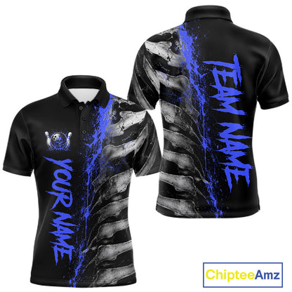 Blue Splatter Grey Bone Men's Bowling Polo Shirt, Personalized Skeleton Bowling Jersey, Athletic Tournament Apparel, Bowling Team Performance Shirt
