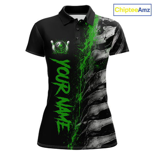 Green Splatter Grey Bone Women's Bowling Polo Shirt, Personalized Bowling Team Jersey, Skeleton Tournament Apparel, Green Paint Athletic Uniform, Energy & Growth Theme