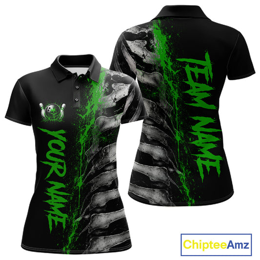 Green Splatter Grey Bone Women's Bowling Polo Shirt, Personalized Bowling Team Jersey, Skeleton Tournament Apparel, Green Paint Athletic Uniform, Energy & Growth Theme