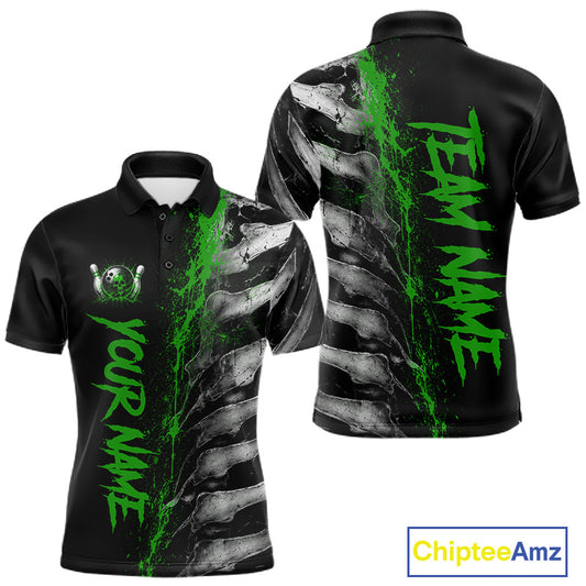 Green Splatter Grey Bone Men's Bowling Polo Shirt, Personalized Skeleton Bowling Jersey, Tournament Performance Apparel, Green Athletic Team Shirt