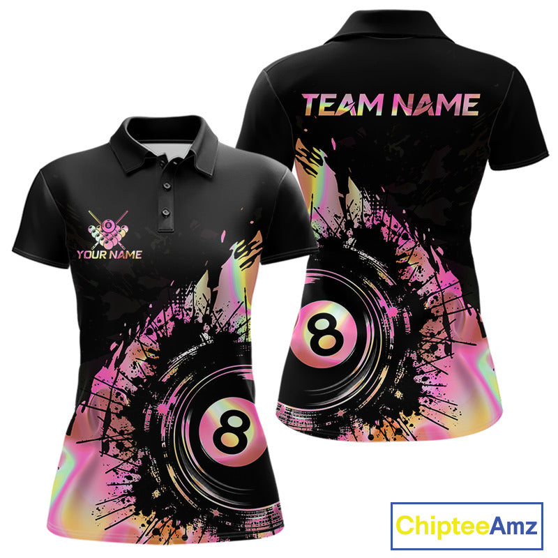 Women's Holographic Pink 8 Ball billiard polo shirt, personalized pool league jersey, pool  team apparel, custom cue sports clothing, breathable athletic polo, stylish gift for pool players.