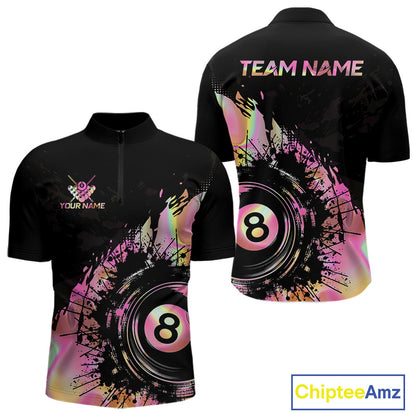 Men's holographic pink quarter zip billiard jersey, personalized tournament apparel, cue sports clothing, custom team uniform.