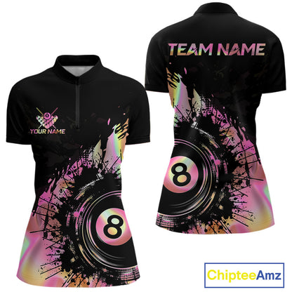 Women's holographic pink quarter zip billiard shirt, personalized pool team jersey, biillard pool  apparel, custom sports uniform.