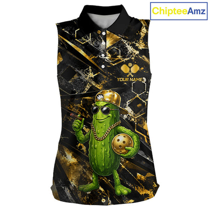 Custom Gold & Black Retro Women's Pickleball Sleeveless Polo, Personalized Vintage Paddle Sports Polo, Classic Athletic Apparel, Retro Tournament Uniform