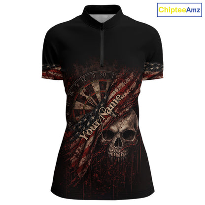 Red Grunge Retro American Flag Dartboard Women Dart 1/4-Zip Shirt Custom Skull Dart Team Jerseys NYN2542