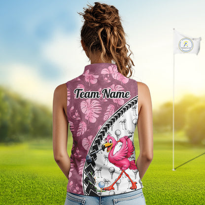 Golfing Flamingo Womens Sleeveless Golf Polo Shirt Custom Pink Pattern Monstera Golf Clothes Shirts NYN2910