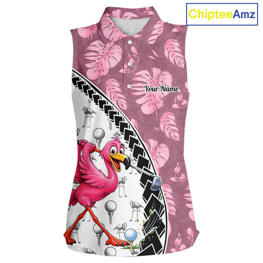Golfing Flamingo Womens Sleeveless Golf Polo Shirt Custom Pink Pattern Monstera Golf Clothes Shirts NYN2910