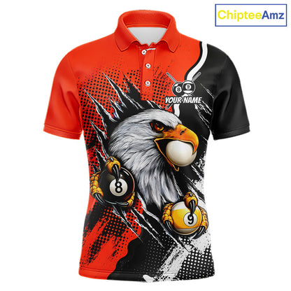 Black and orange claw 8 ball and 9 ball billiard polo shirt for men