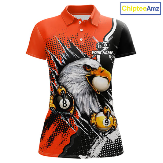 Black and orange claw 8 ball and 9 ball billiard polo shirt for women