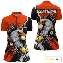 Load image into Gallery viewer, Black and orange claw 8 ball and 9 ball billiard quarter-zip shirt for women