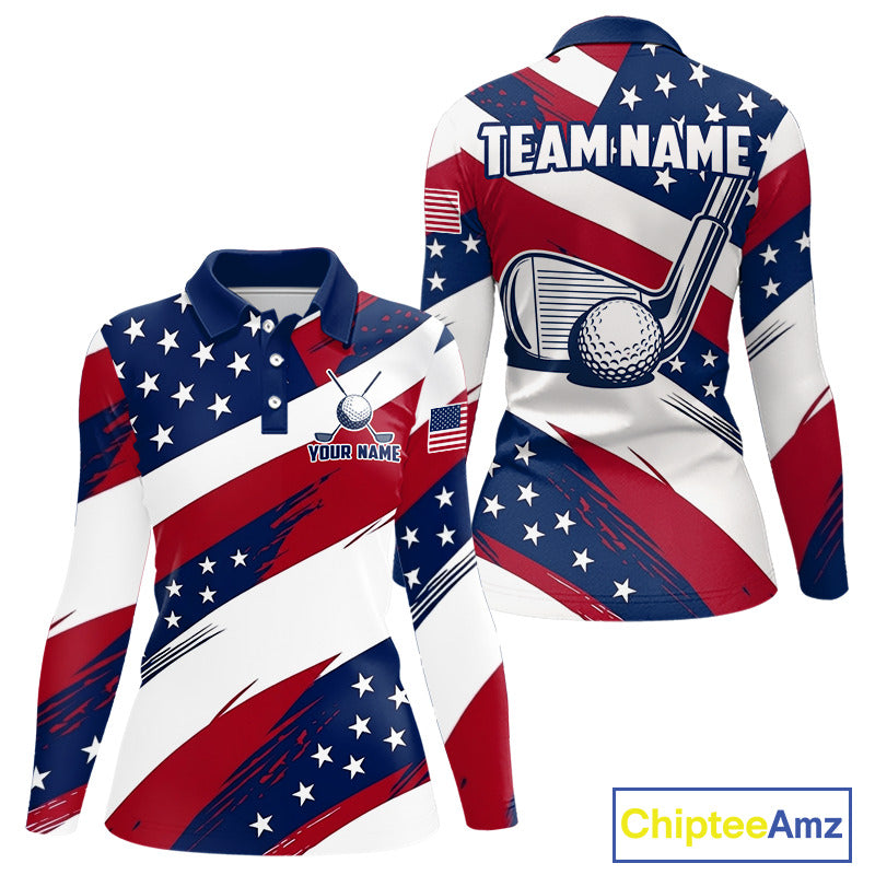 Women's US Flag golf long sleeves polo shirt, patriotic red white and blue golf apparel, custom golf team shirt, golf tournament polo, personalized golf clothing, golf gift for women