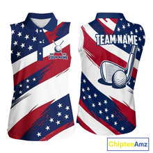 Load image into Gallery viewer, Women's US Flag golf sleeveless polo shirt, patriotic red white and blue golf apparel, custom golf team shirt, golf tournament polo, personalized golf clothing, golf gift for women