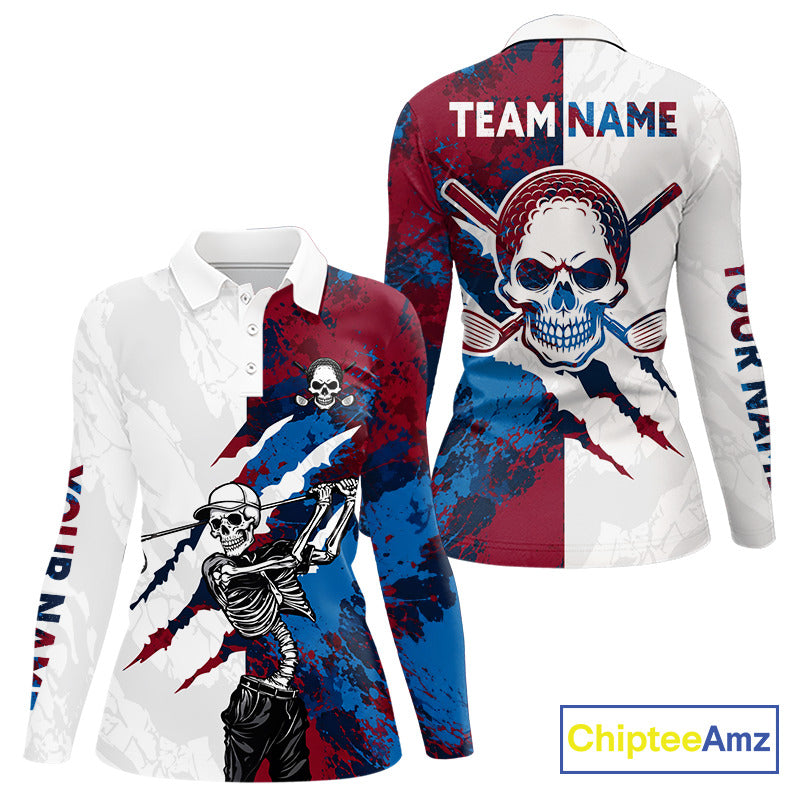 Women's red and blue splatter skull golf long sleeves polo shirt, skull golf apparel, custom golf team shirt, funny golf clothing, tournament golf polo