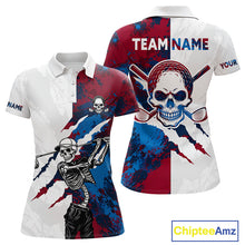 Load image into Gallery viewer, Women's red and blue splatter skull golf polo shirt, skull golf apparel, custom golf team shirt, funny golf clothing, tournament golf polo