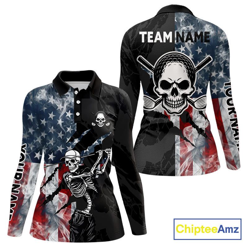 Women's smoke US flag skull golf long sleeves polo shirt, patriotic golf apparel, American flag golf shirt, skull golf clothing, golf team uniform 