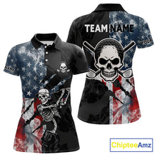 Load image into Gallery viewer, Women's smoke US flag skull golf short sleeves polo shirt, patriotic golf apparel, American flag golf shirt, skull golf clothing, golf team uniform 