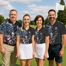 Load image into Gallery viewer, Men women golf team wearing matching smoke US flag skull golf polo shirts, patriotic golf uniforms, golf league clothing