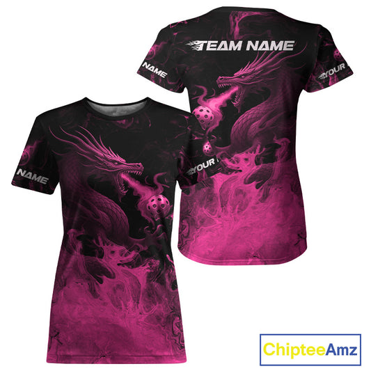 Custom Pink Flames Dragon Pickleball Ball T-Shirt For Women Outfits Pickleball Jersey NYN1489